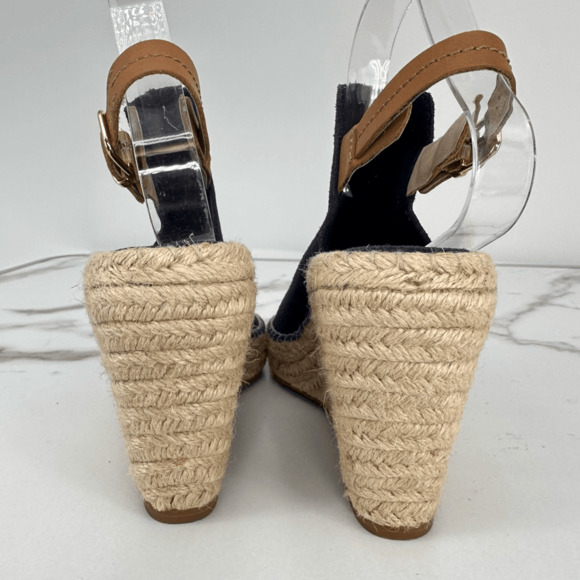 Seychelles Wedges Espadrille Sandals Suede Leather Size 8.5 Navy Blue Coastal Na - Picture 3 of 11